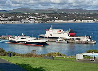 Isle of Man Douglas Capital City as seen from Douglas Head with two Steam Packet ships in Douglas Harbour