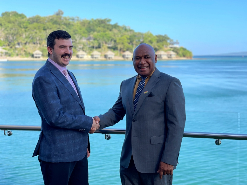 Macyn White, CEO of Vanuatu Gaming Authority limited, and The Honorable Minister for Finance, John Salong Damasing (MP), during the launch event for the new Vanuatu Interactive License framework.