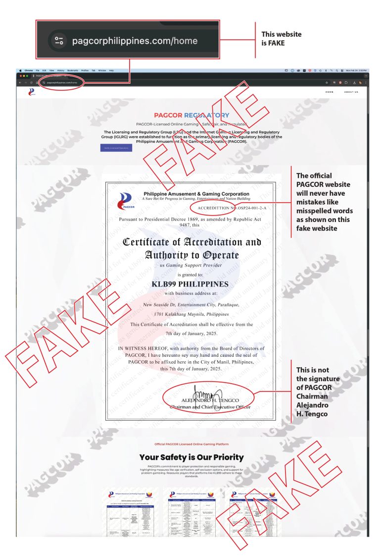 PAGCOR warns of fake website claiming to offer gaming licenses/accreditations