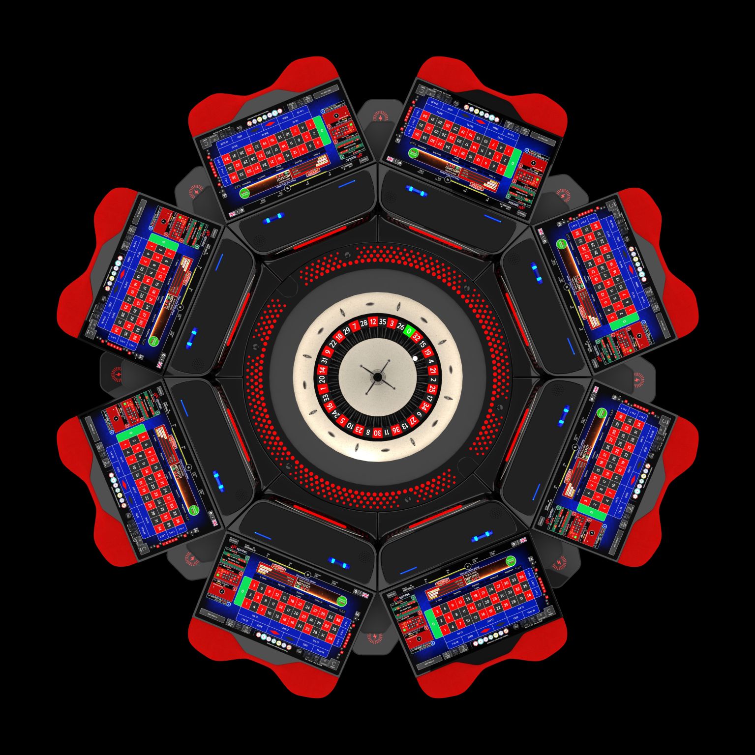 Charisma Roulette with eight play stations.