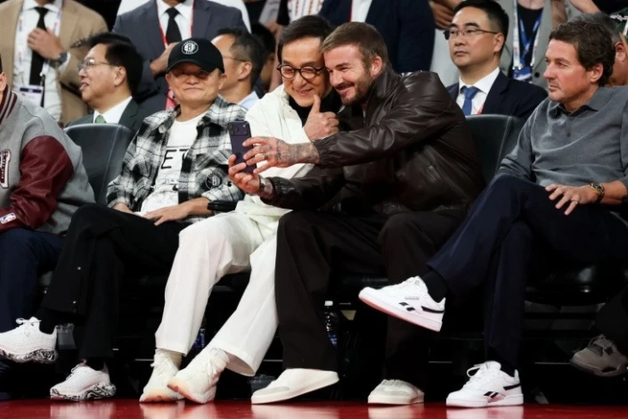 David Beckham and Jackie Chan at the Phoenix Suns vs. Brooklyn Nets NBA game in Macau