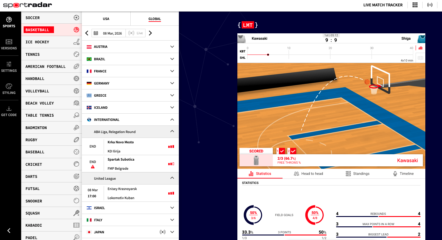 Sportradar live match tracker