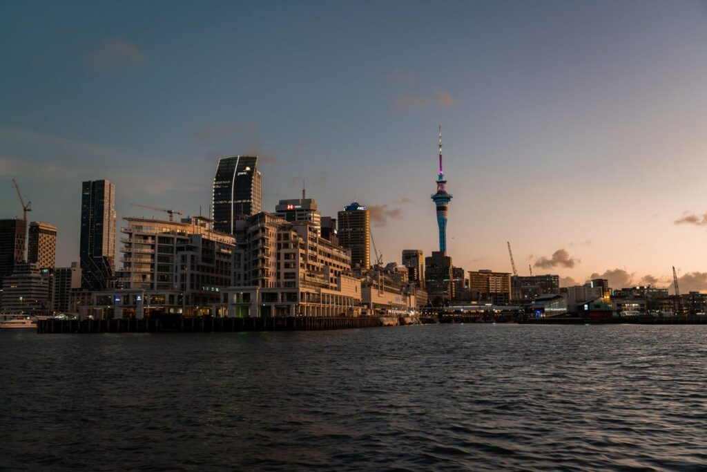 Auckland skyline at dusk with the Sky Tower, home of SkyCity Auckland