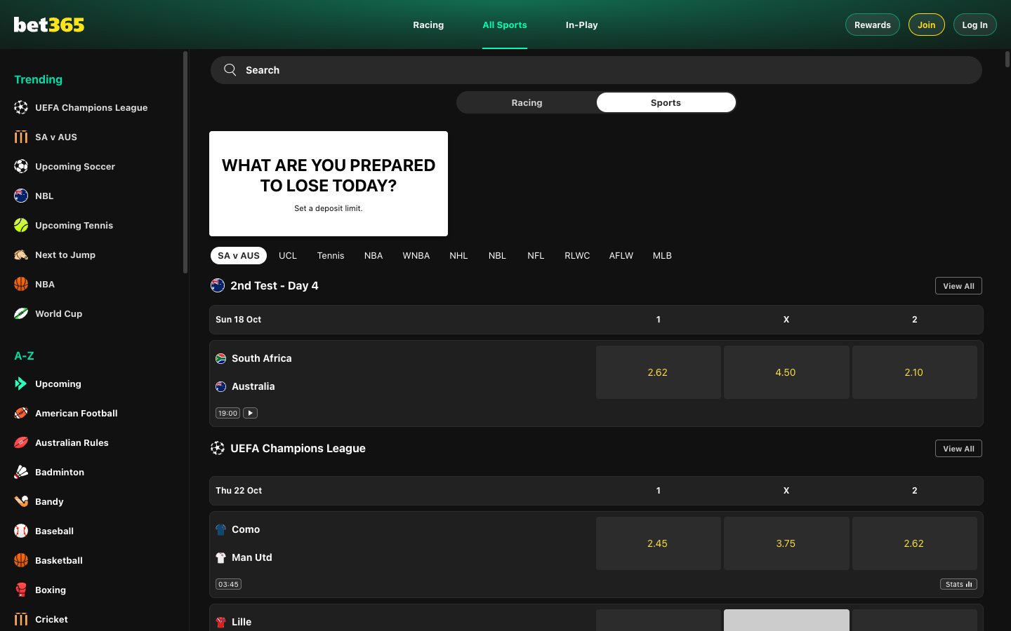 bet365 Australia sportsbook homepage on desktop, viewed in Western Australia