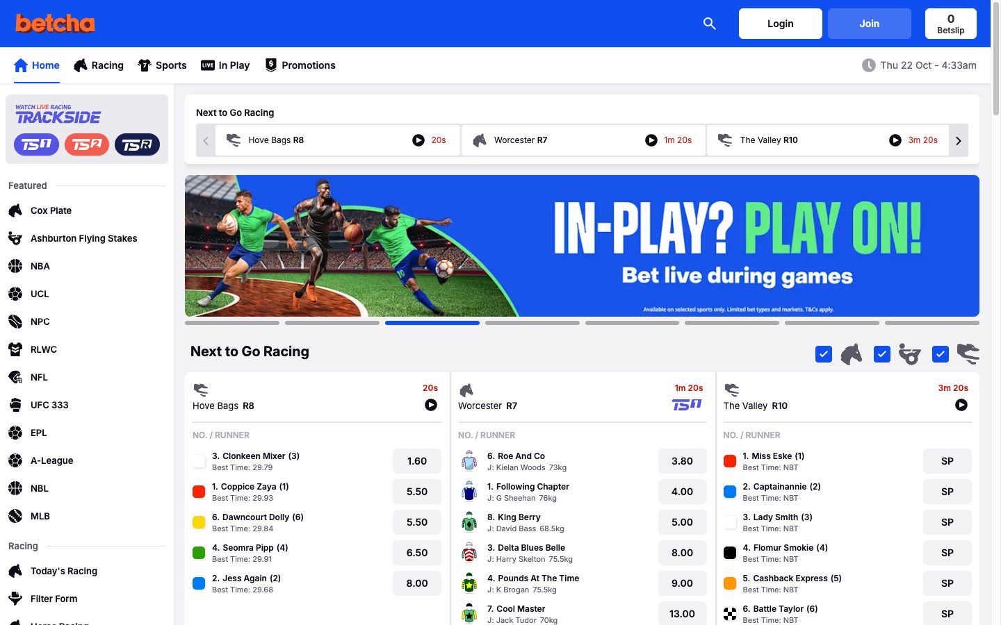 Betcha racing and sports betting homepage on desktop, viewed in New Zealand