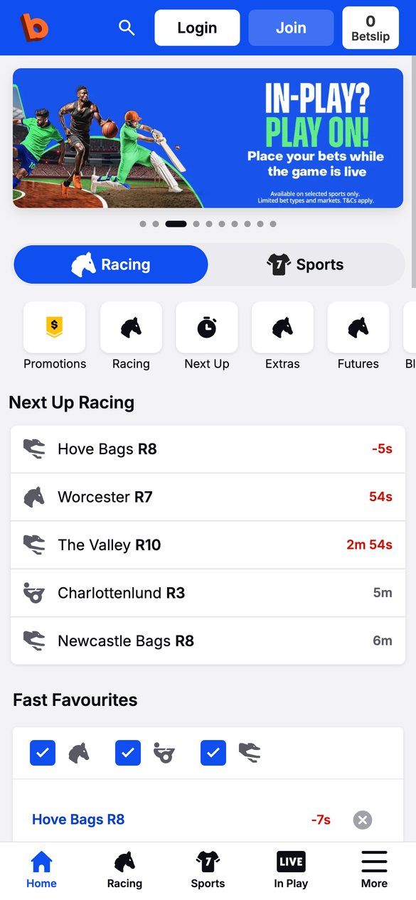 Betcha mobile homepage with Next Up Racing, viewed in New Zealand
