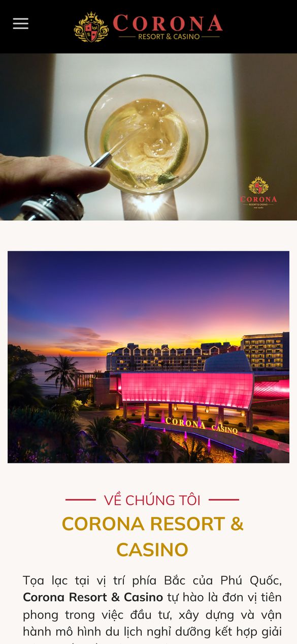 Corona Resort and Casino Phu Quoc mobile homepage with the casino building lit up at sunset