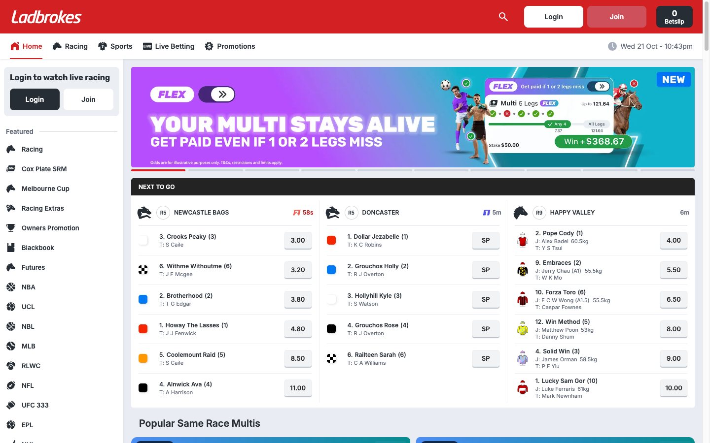 Ladbrokes Australia homepage with Next To Go racing on desktop, viewed in Western Australia