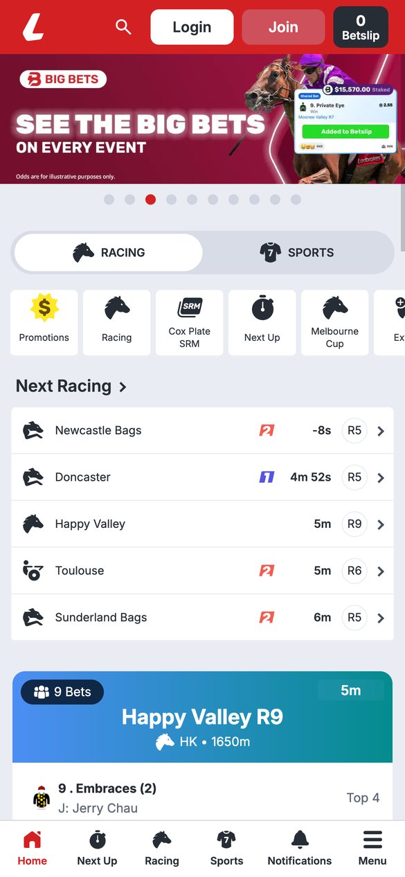 Ladbrokes Australia mobile homepage with Next Racing list, viewed in Western Australia