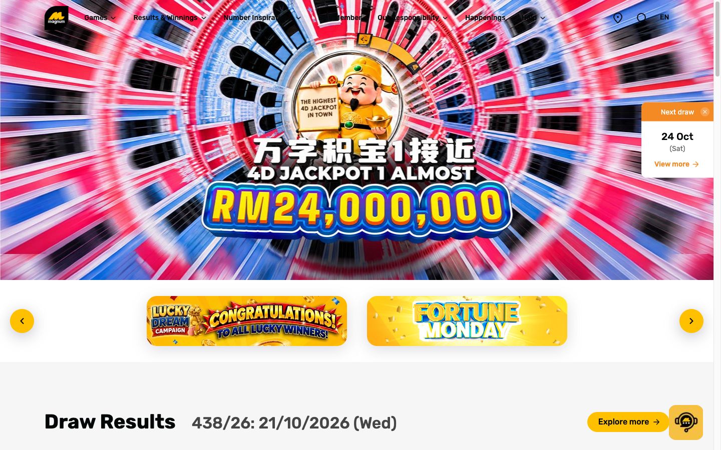Best Online Casinos Malaysia: Top Real Money Sites and 4D Brands Magnum 4D homepage with 4D Jackpot banner, next draw box and draw results on desktop, viewed in Malaysia