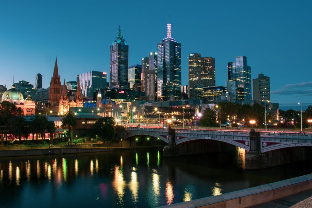Melbourne skyline and the Yarra River at night, home of Crown Melbourne