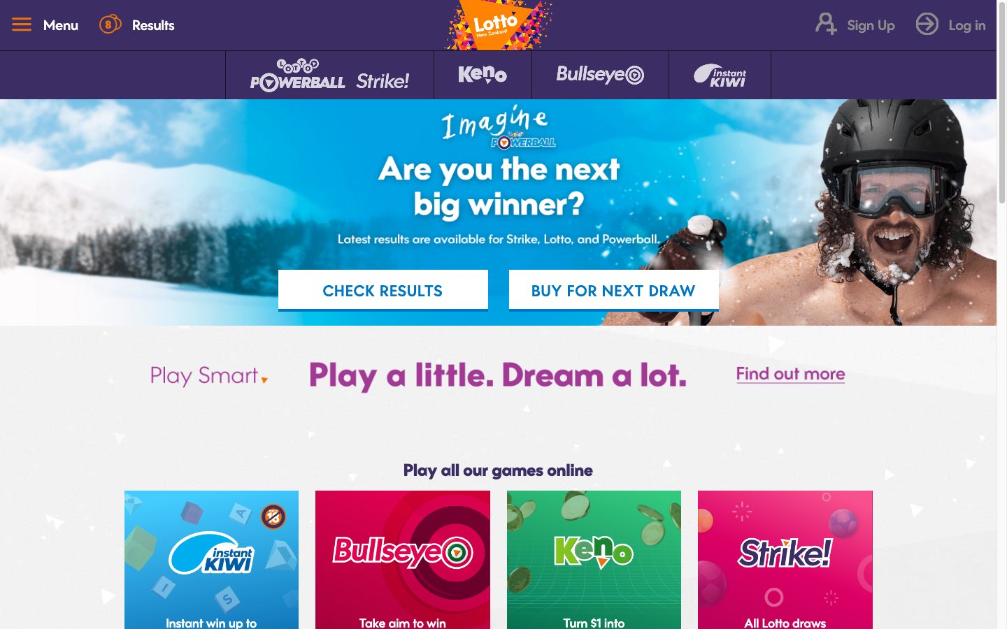 MyLotto, the official Lotto NZ site, homepage on desktop, viewed in New Zealand