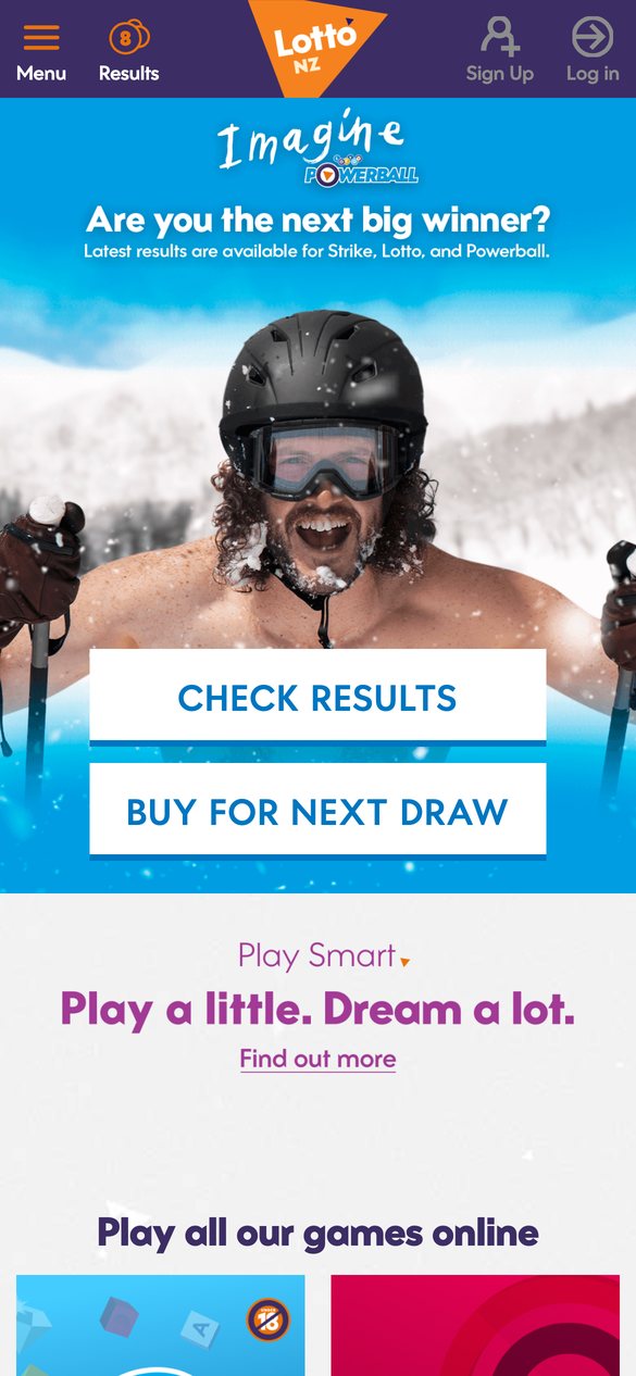 MyLotto mobile homepage with Powerball draw, viewed in New Zealand