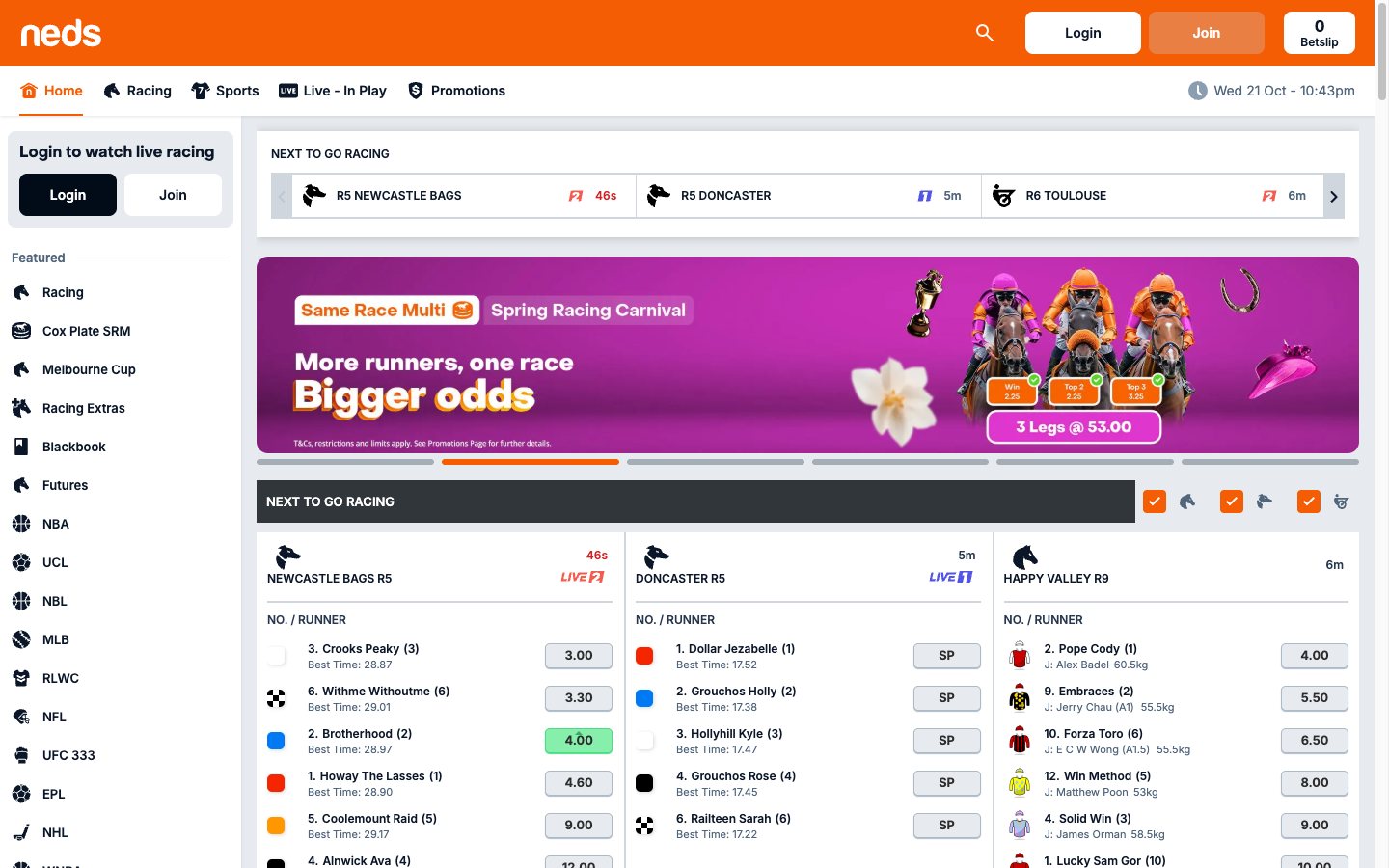 Neds homepage with Next To Go racing grid on desktop, viewed in Western Australia