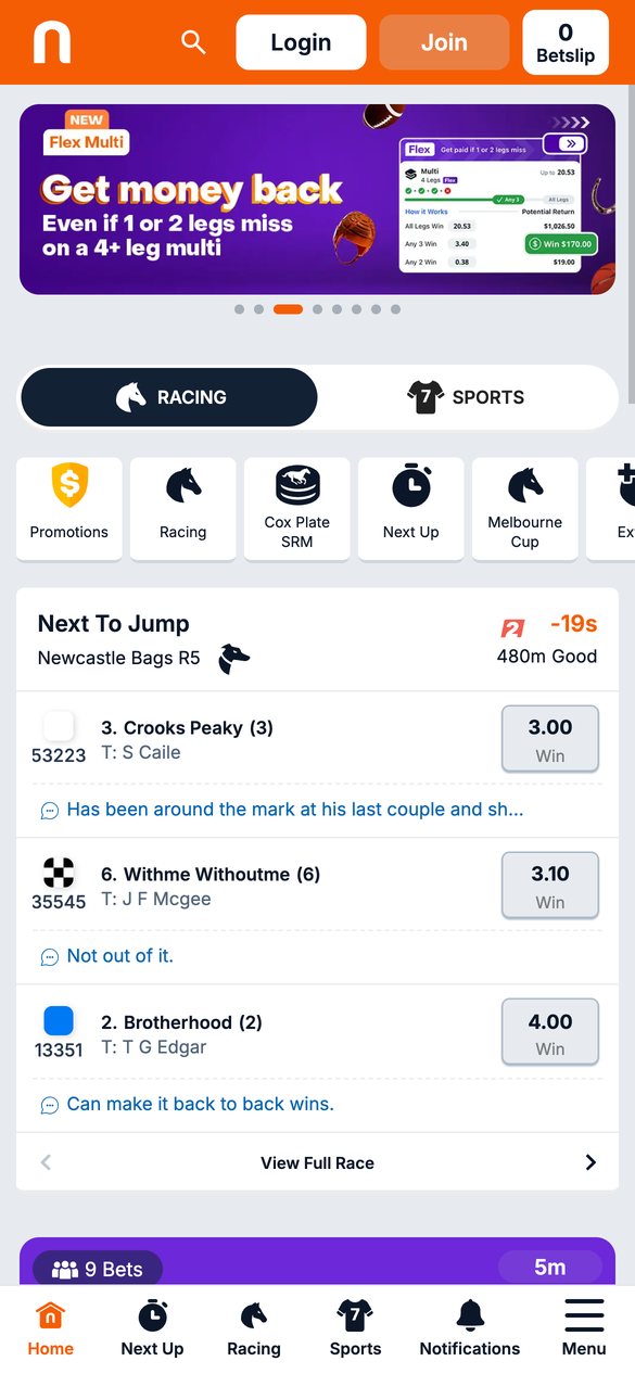 Neds mobile homepage with Next To Jump race card, viewed in Western Australia