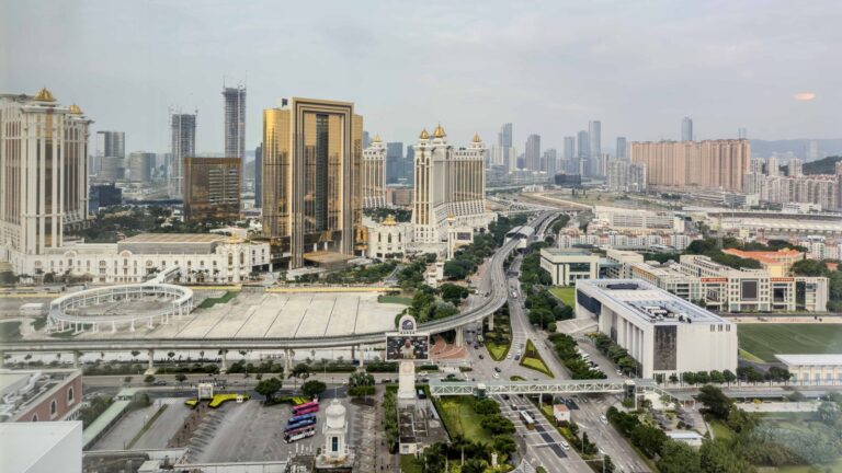 Aerial view of Macau skyline with integrated resort hotels