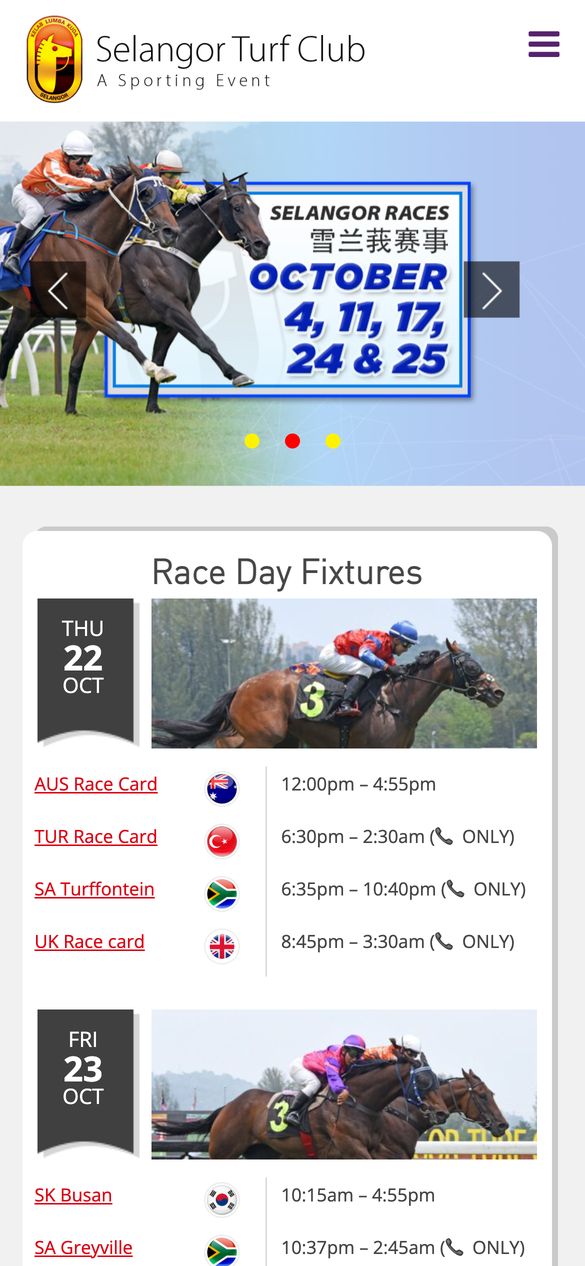 Selangor Turf Club homepage on mobile with race day fixtures list