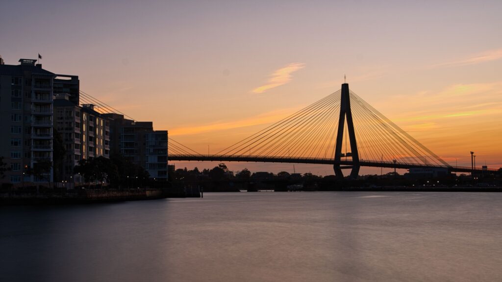 Anzac Bridge at sunset seen from Pyrmont in Sydney