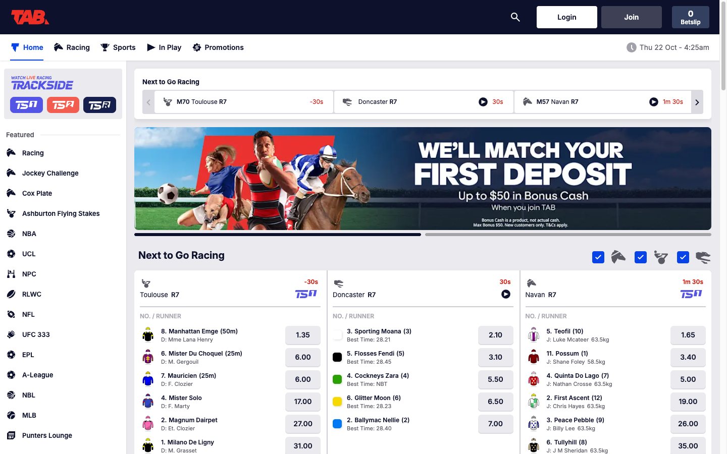 TAB NZ racing and sports betting homepage on desktop, viewed in New Zealand