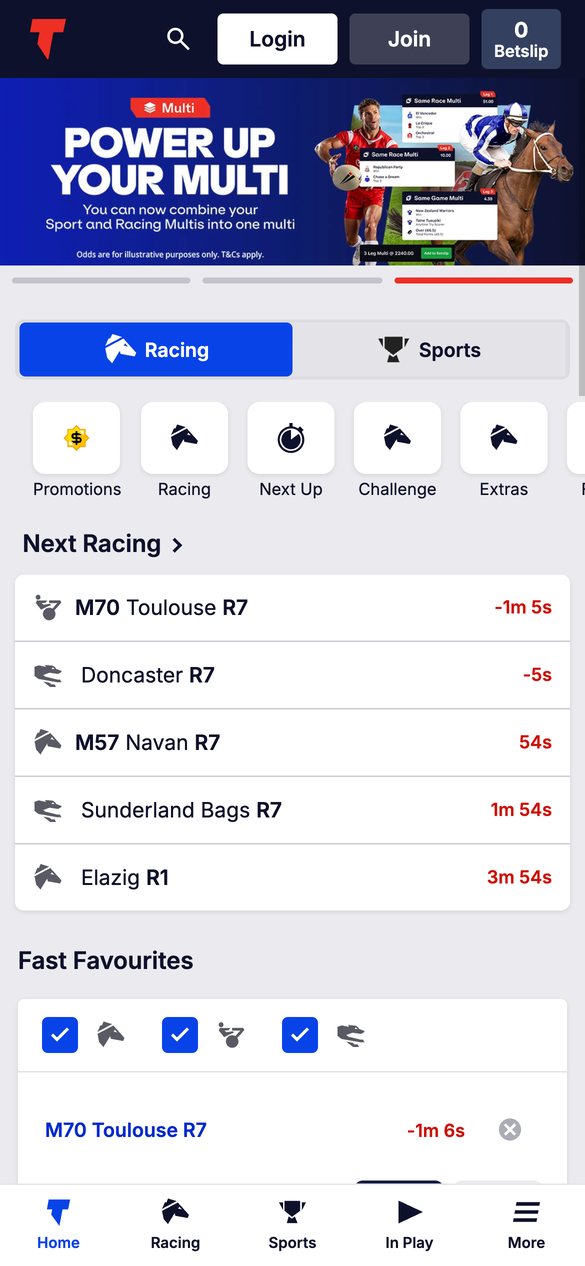 TAB NZ mobile homepage with Next Racing list, viewed in New Zealand