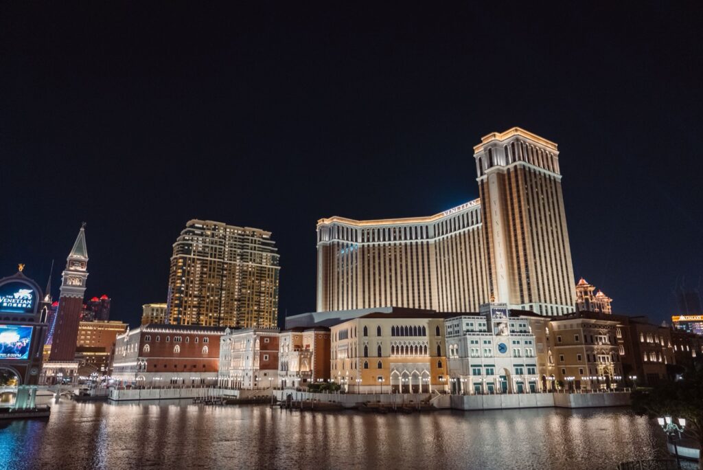 The Venetian Macao resort lit up at night in Cotai