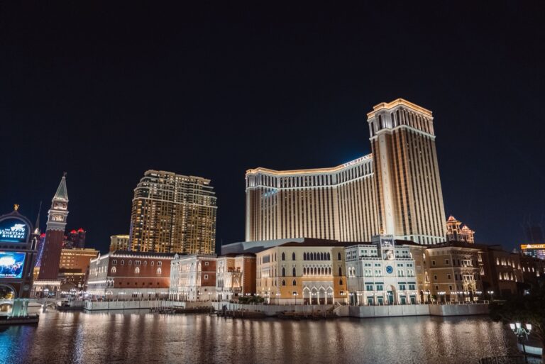 The Venetian Macao resort lit up at night in Cotai